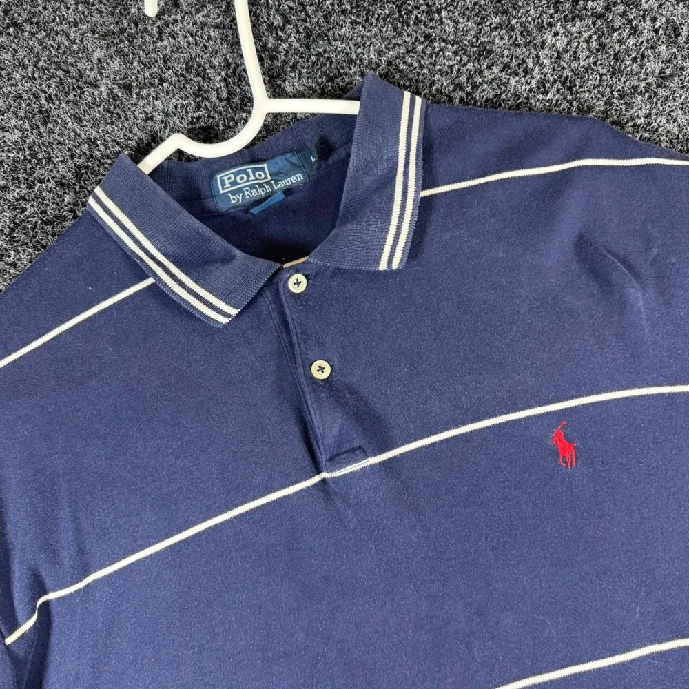Polo Ralph Lauren Mens Large Navy Blue Striped Short Sleeve Cotton Polo Shirt